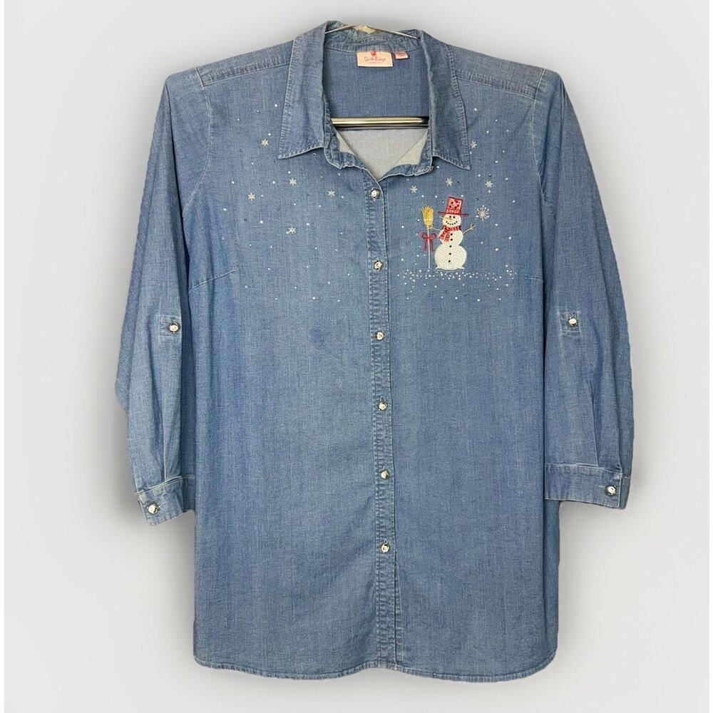 Quacker Factory 3X Denim Gem Snowman Chambray Roll Tab Sleeve Holiday Sparkle